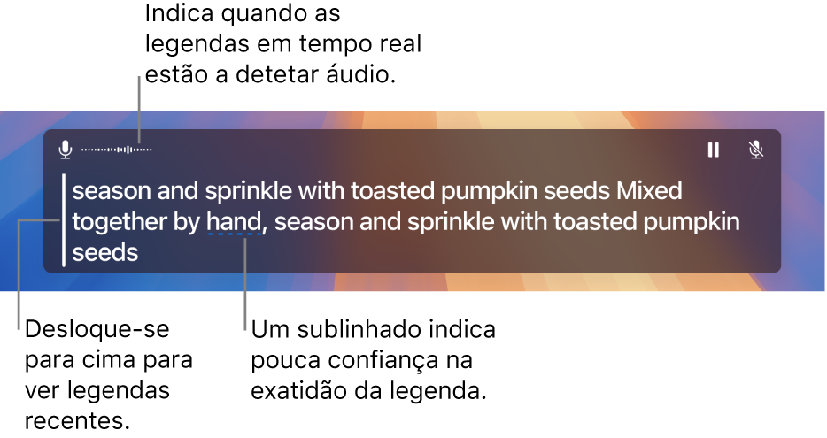 É apresentada uma transcrição em tempo real do áudio do microfone do computador como texto deslocável na janela “Legendas em tempo real”. Uma palavra sublinhada indica uma confiança baixa na precisão dessa legenda.