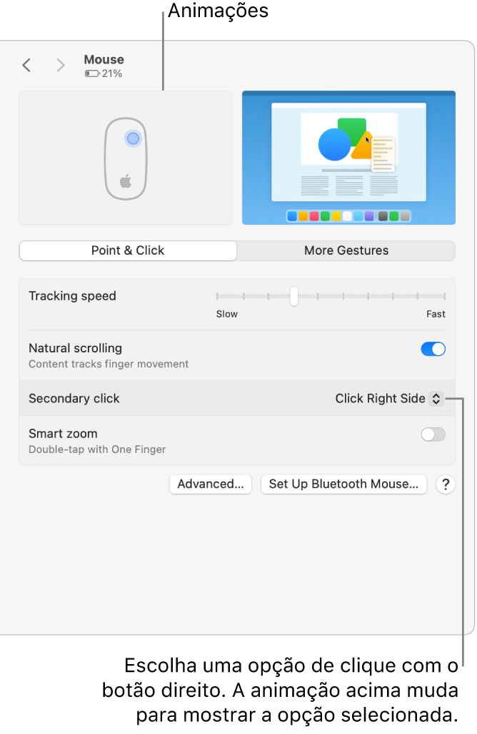 Opções de Rato nas Definições do sistema a mostrar a opção de clique secundário definida como “Clique no lado direito” e a animação correspondente.