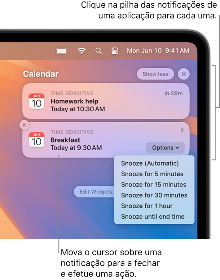 As notificações de aplicação no canto superior direito da secretária, incluindo uma pilha aberta de duas notificações da aplicação Lembretes com um botão “Mostrar menos” para comprimir a pilha e uma notificação da aplicação Calendário com um botão “Adiar”.