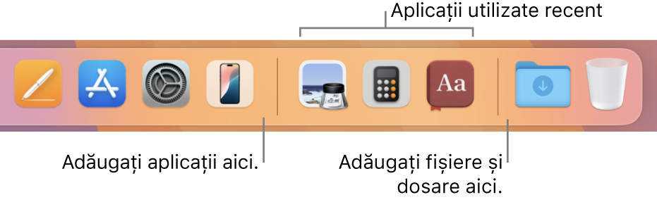 O porțiune a Dock‑ului, afișând liniile de separare dintre aplicații, aplicațiile utilizate recent, fișierele și dosarele.