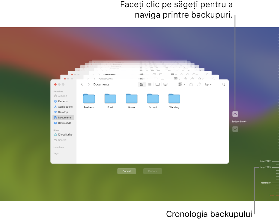 Fereastra Time Machine afișând mai multe ecrane Finder stivuite, care reprezintă backupuri, cu săgeți de navigare. Săgețile și cronologia backupului din partea dreaptă vă ajută să explorați backupurile, astfel încât să puteți alege fișierul care să fie restaurat.