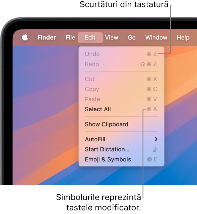 Meniul Editare este deschis în Finder; scurtăturile din tastatură apar lângă articolele de meniu.