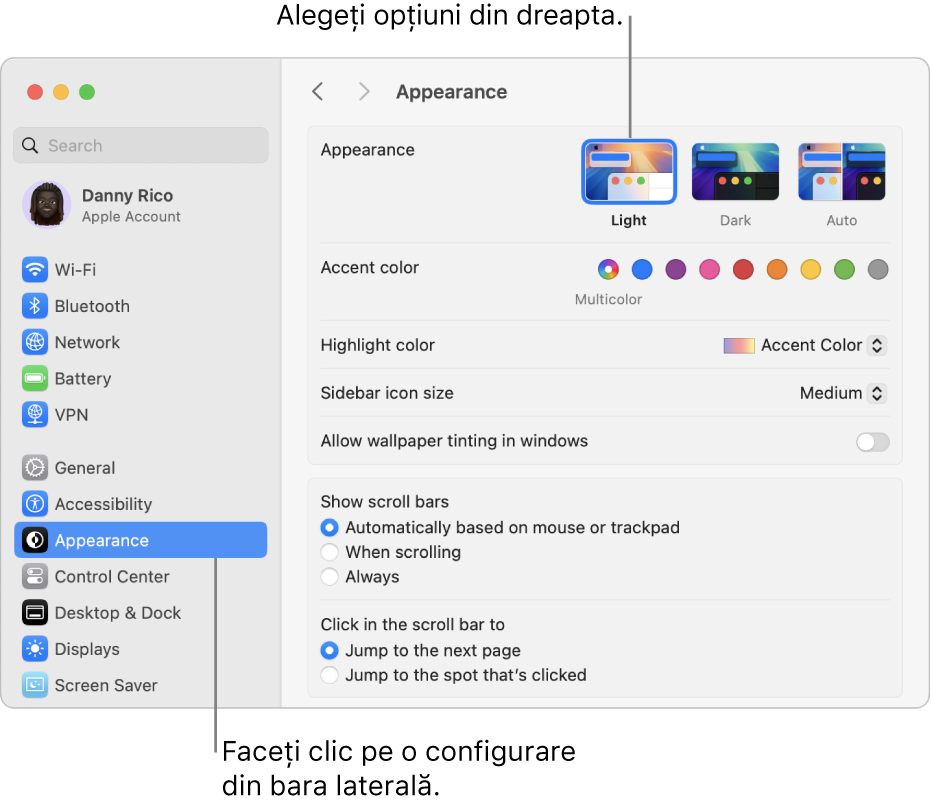 Fereastra Configurări sistem, cu configurările Aspect selectate în bara laterală și opțiunile Aspect în dreapta.