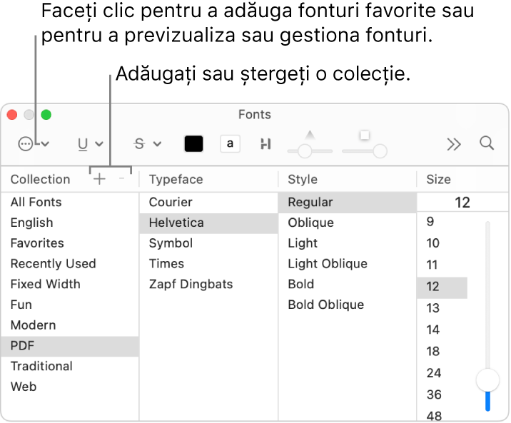 În fereastra Fonturi, adăugați sau ștergeți rapid colecții, schimbați culoarea fontului sau efectuați acțiuni precum previzualizarea sau gestionarea fonturilor sau adăugarea la Favorite.