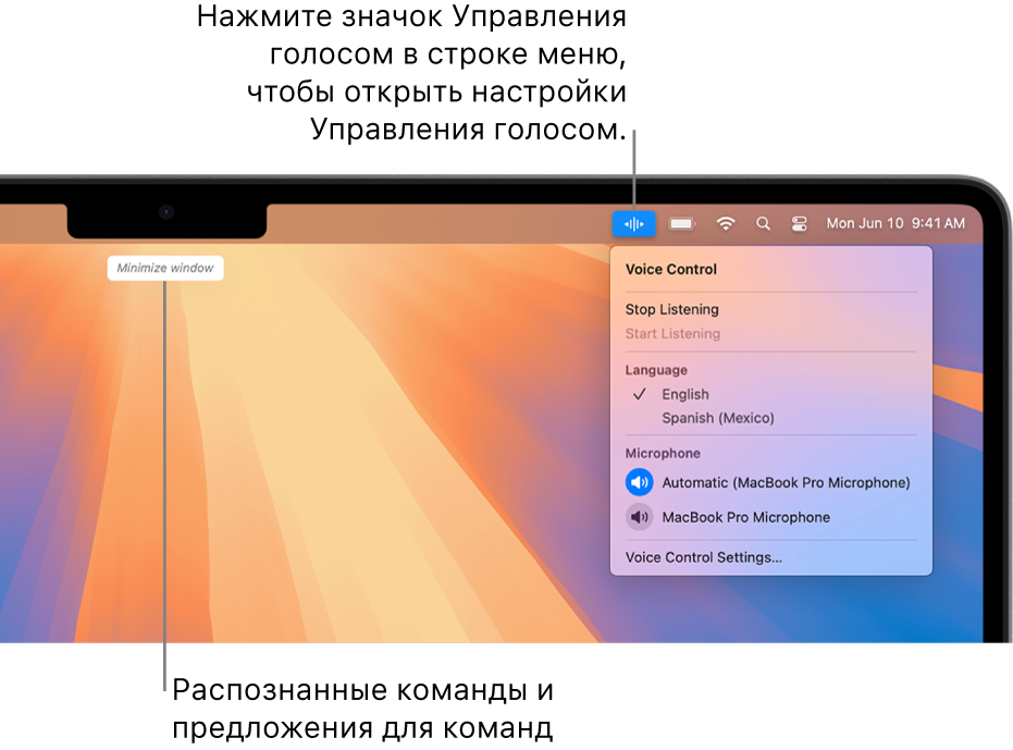 Последняя команда, распознанная Управлением голосом, отображается в верхней части рабочего стола. Справа в строке меню показан значок Управления голосом, и открыто меню функции «Управление голосом».
