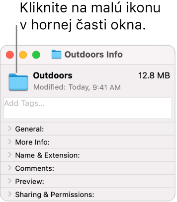 Okno Informácie pre priečinok zobrazujúce všeobecnú ikonu pre označený priečinok.