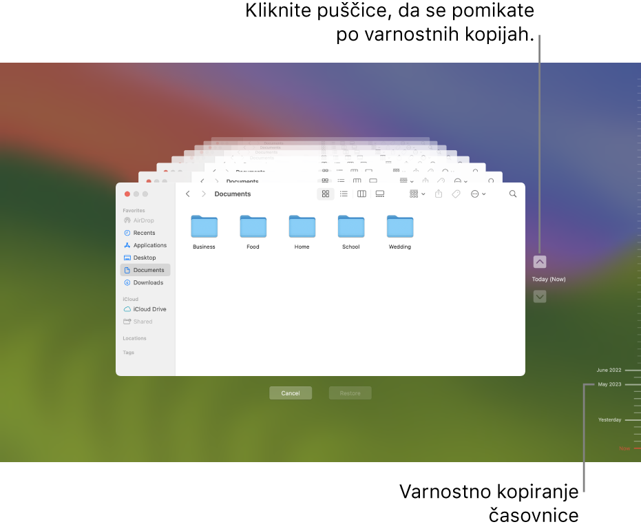 Okno pripomočka Time Machine z več zasloni aplikacije Finder, ki predstavljajo zaporedne varnostne kopije, in puščicami za krmarjenje. Puščici in časovnica varnostnega kopiranja na desni omogočajo krmarjenje po varnostnih kopijah oziroma izbiro datotek za obnovitev.