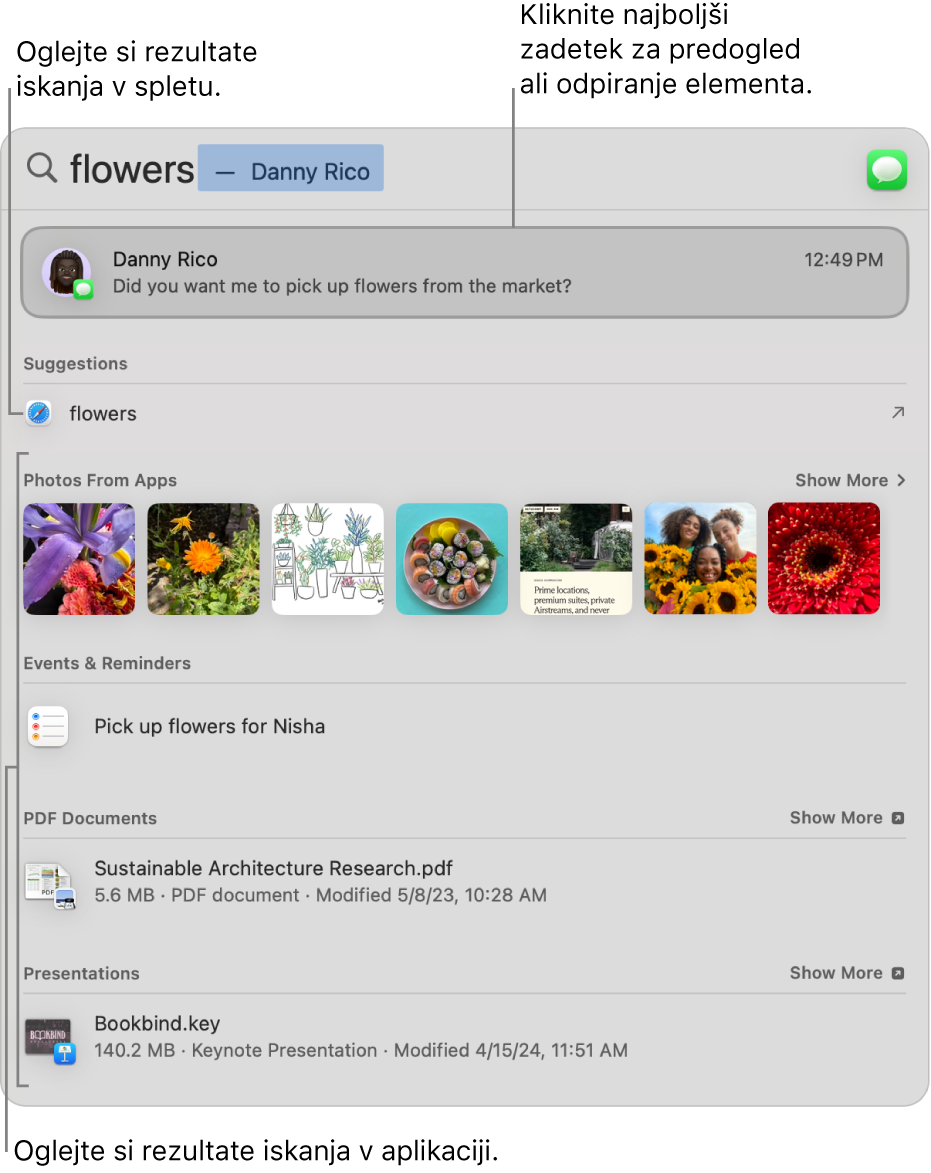V oknu Spotlight je prikazano iskalno besedilo v iskalnem polju na vrhu okna in rezultati pod njim.