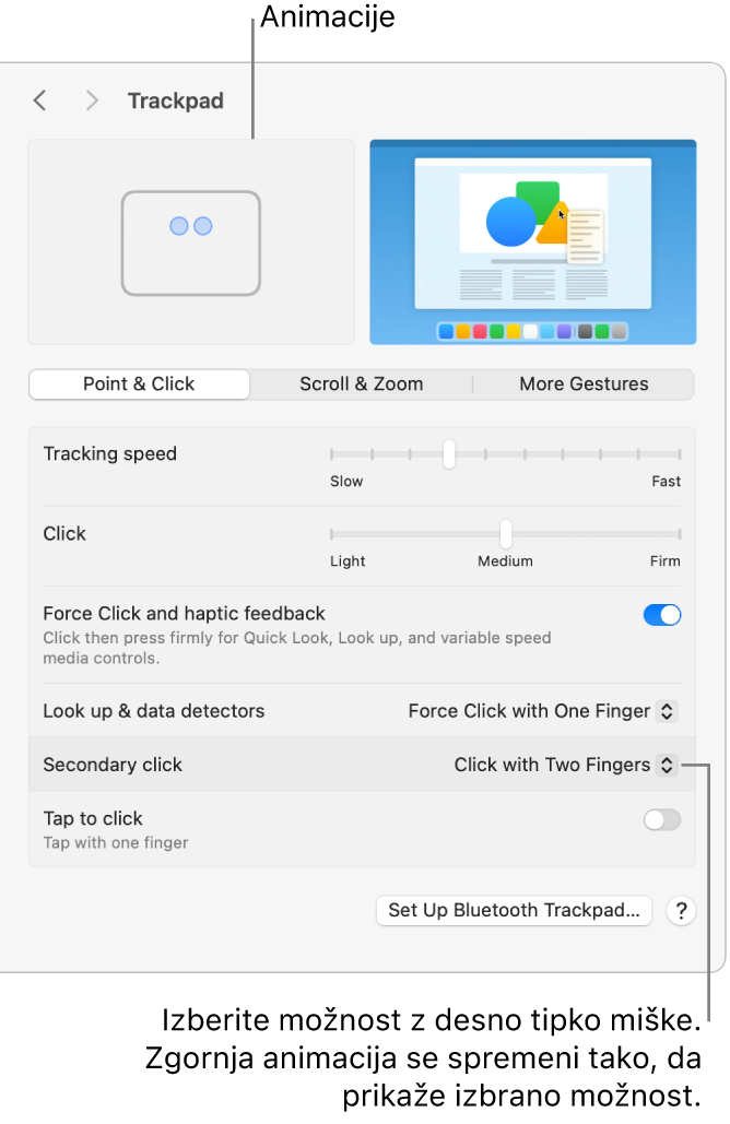 Možnosti sledilne ploščice v Nastavitvah sistema prikazujejo možnost sekundarnega klika, ki je nastavljena na »Klik z dvema prstoma«, in ustrezno animacijo.