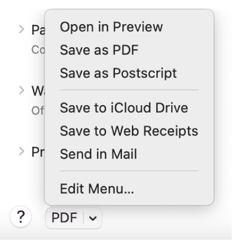 Pojavni meni PDF, ki prikazuje ukaze za PDF, tudi Shrani kot PDF.