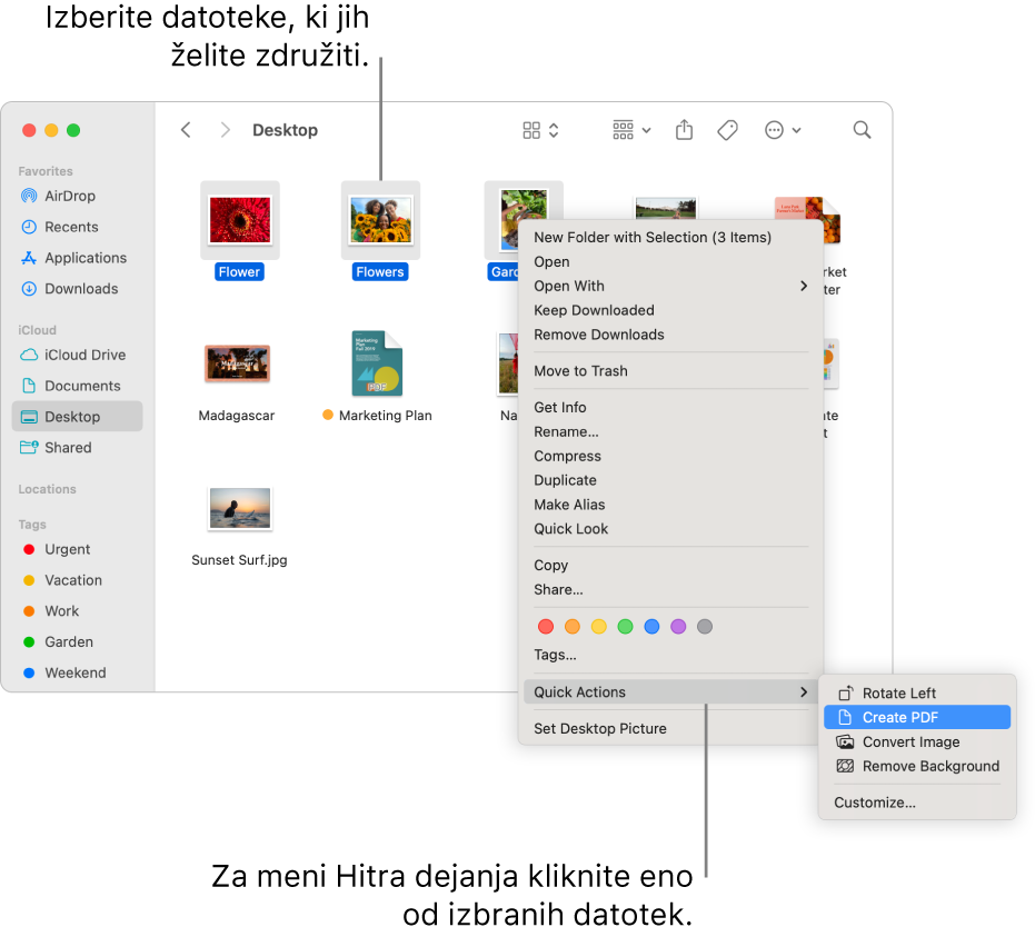 Okno aplikacije Finder z datotekami in mapami, na katerem so izbrane tri datoteke in je v meniju Hitra dejanja označena možnost Ustvari PDF.