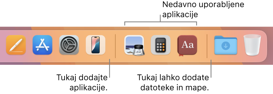 Desna stran vrstice Dock z ločilnima črtama, ki označujeta razdelek z nedavno uporabljenimi aplikacijami.