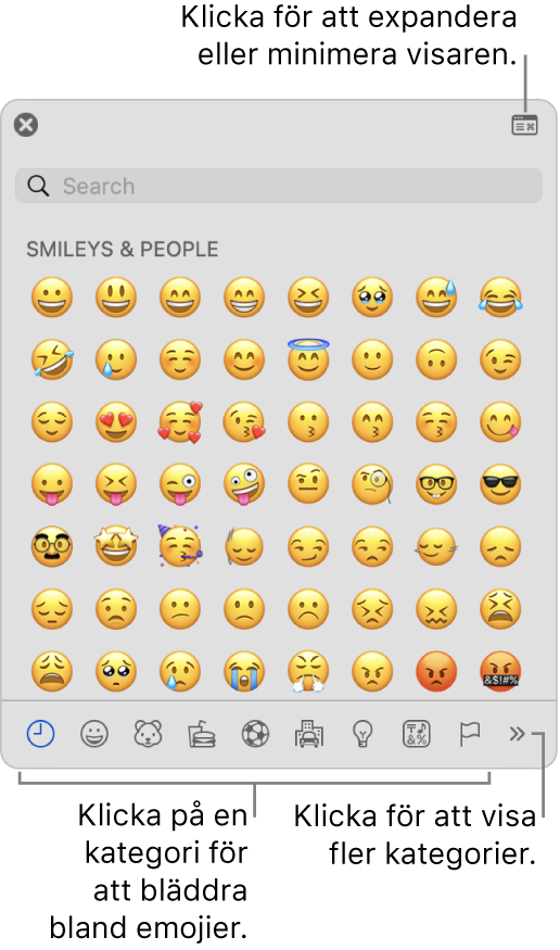 Teckenvisarfönstret. Klicka på en kategori längst ned för att bläddra bland tecken eller symboler. Ange ett symbolnamn eller en kod i sökfältet för att hitta ett särskilt tecken. Klicka i det övre högra hörnet för att expandera eller fälla ihop fönstret.