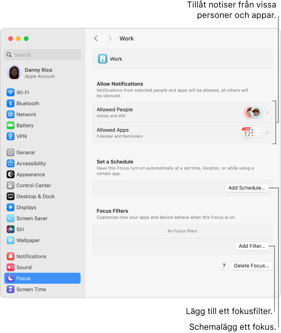 Fokusinställningarna med inställningar för fokuset Arbetar. Överst finns en lista med de personer och appar som notiser tillåts för när fokuset arbetar är aktiverat.