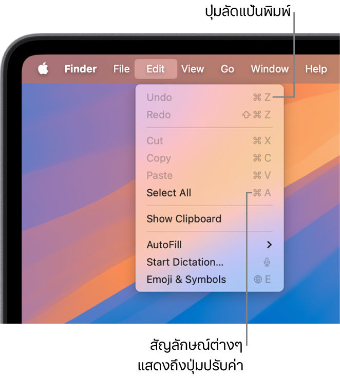 เมนูแก้ไขเปิดอยู่ใน Finder ปุ่มลัดแป้นพิมพ์แสดงอยู่ถัดจากรายการเมนู