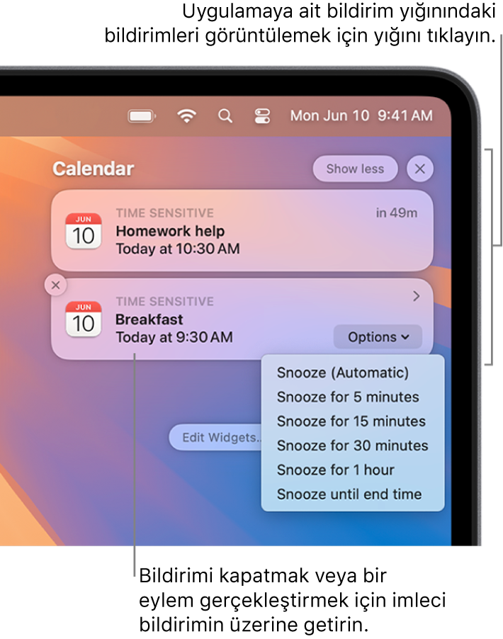 Masaüstünün sağ üst köşesindeki uygulama bildirimlerinde, yığın içeriğini gizlemek için tıklanabilecek “Daha az göster” düğmesiyle iki anımsatıcı bildirimini içeren açık bir yığın ve Ertele düğmesiyle bir Takvim bildirimi bulunuyor.