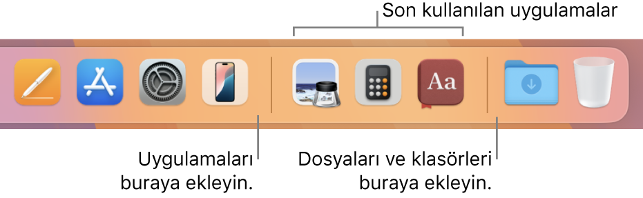 Dock’un uygulamalar, son kullanılan uygulamalar, dosyalar ve klasörler arasındaki ayırıcı çizgileri gösteren bir kısmı.