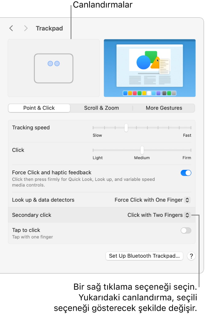 Sistem Ayarları’ndaki İzleme Dörtgeni seçenekleri, İki Parmağınızla Tıklayın’a ayarlanmış ikincil tıklamayı ve karşılık gelen canlandırmayı gösteriyor.