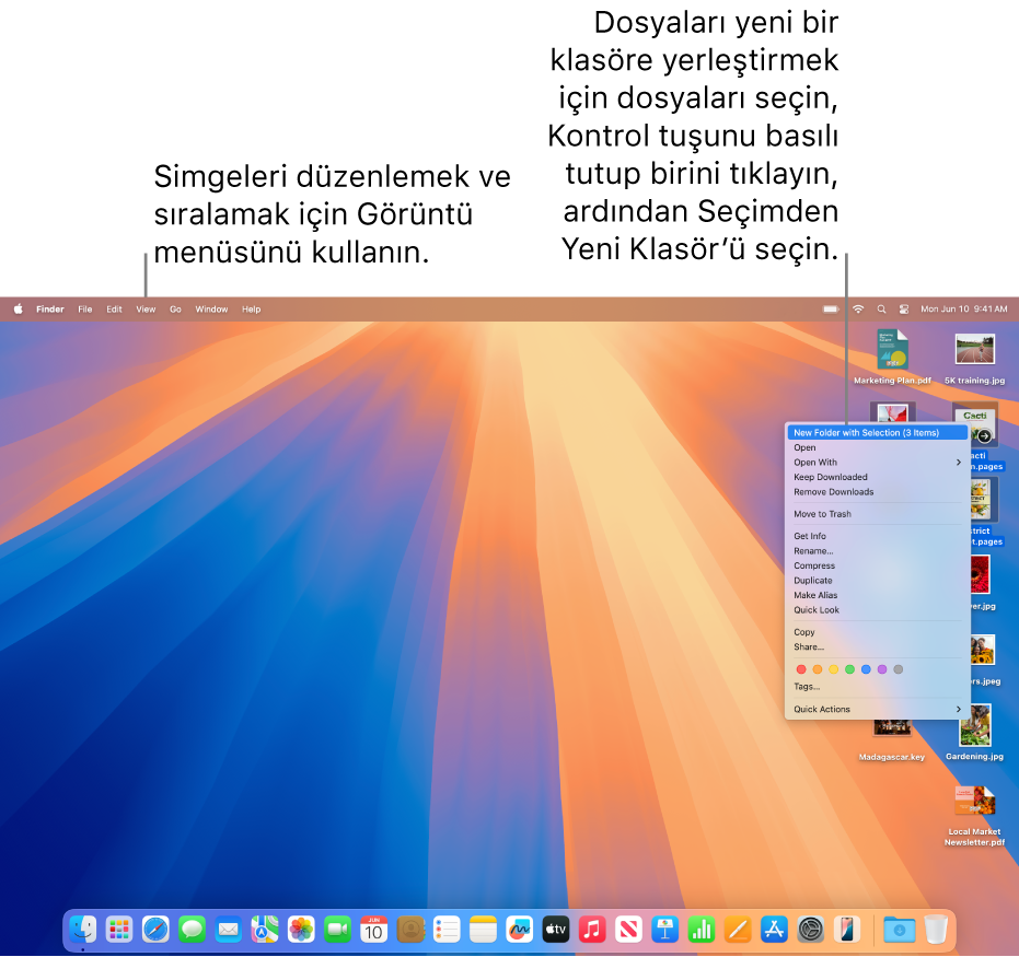 Dosyaları ve klasörleri gösteren bir masaüstü. Birçok dosya yeni bir klasöre yerleştirilmek üzere seçilmiş. Kontrol tuşuna basarak seçilen dosyaya tıklandığında bir açılır menü gösteriliyor ve Seçimden Yeni Klasör seçili.