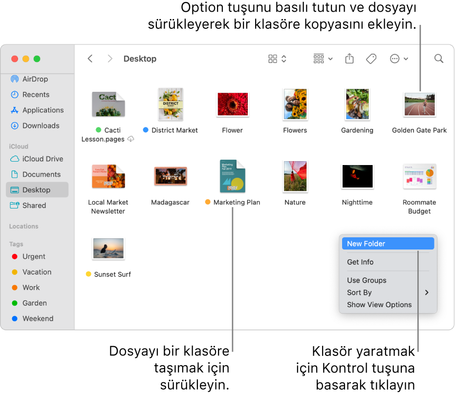 Dosyaları ve klasörleri içeren bir Finder penceresi. Kestirme menüsünde Yeni Klasör vurgulanıyor.