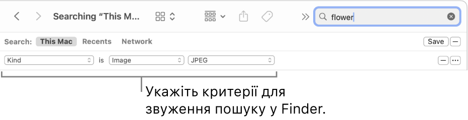 Вікно Finder із полями для введення критеріїв пошуку.