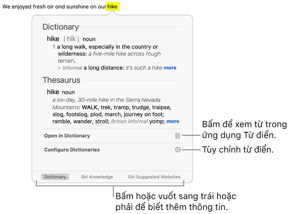 Cửa sổ Tra cứu đang hiển thị các định nghĩa của Từ điển và Từ điển đồng nghĩa cho một từ.