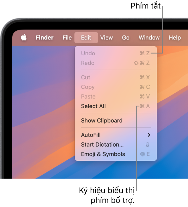 Menu Sửa được mở trong Finder; các phím tắt xuất hiện bên cạnh các mục menu.
