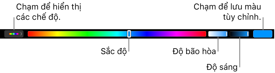 Touch Bar đang hiển thị các thanh trượt sắc độ, độ bão hòa và độ sáng cho chế độ HSB. Ở đầu bên trái là nút để hiển thị tất cả các chế độ; ở đầu bên phải là nút để lưu màu tùy chỉnh.