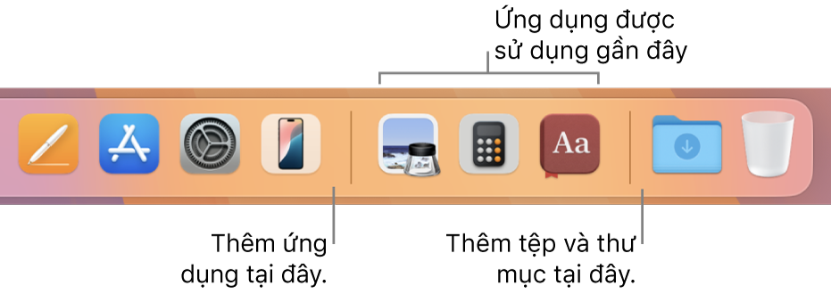 Một phần của Dock đang hiển thị đường phân tách giữa các ứng dụng, ứng dụng được sử dụng gần đây và các tệp cũng như thư mục.