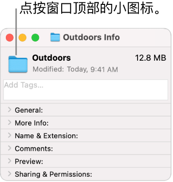 文件夹的“简介”窗口，显示所选文件夹的通用图标。