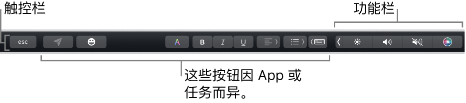 横贯键盘顶部的触控栏，显示右侧折叠的功能栏，按钮因 App 或任务而异。