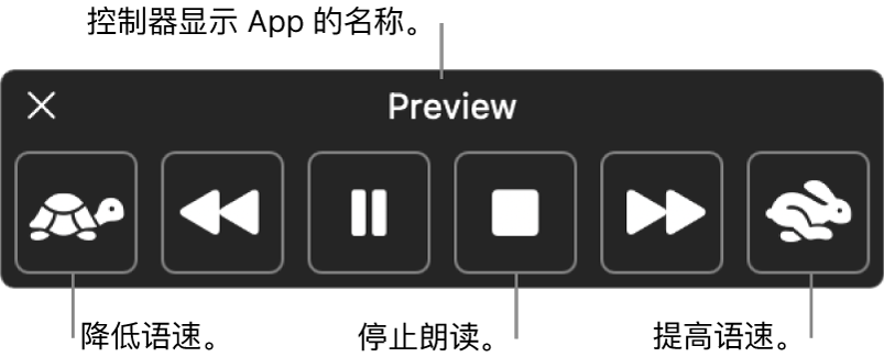 Mac 朗读所选文本时会显示的屏幕控制器。控制器提供了六个按钮，从左到右依次可让你降低语速，向后跳一个句子，播放或暂停朗读，停止朗读，向前跳一个句子，以及提高语速。App 名称显示在控制器顶部。