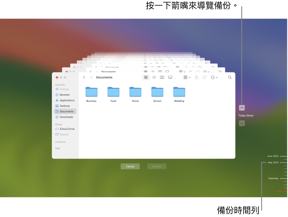 「時光機」視窗顯示多個疊放的 Finder 畫面以呈現備份，其中包括用於導覽的箭嘴。 箭嘴和右邊的備份時間軸可助你導覽備份，讓你可以選擇要還原的檔案。