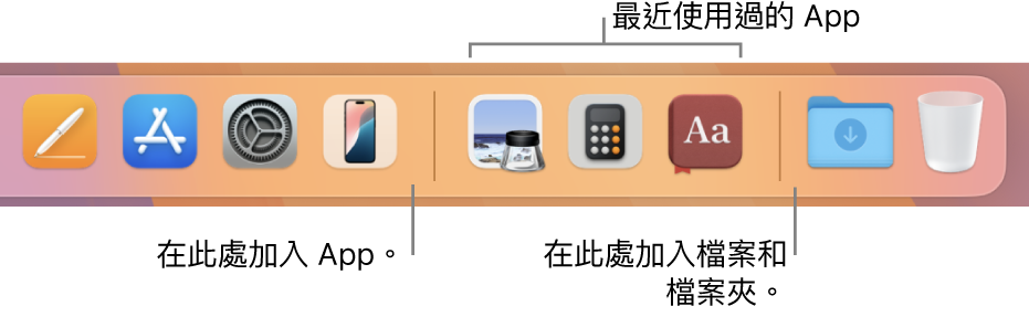 一部分的 Dock，顯示 App、最近使用過的 App 和檔案與檔案夾之間的分隔線。