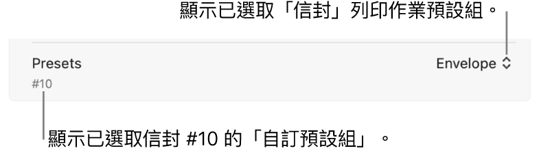 「列印」對話框的「預設組」區域顯示所選信封的列印作業預設組和所選 #10 信封的自訂預設組。