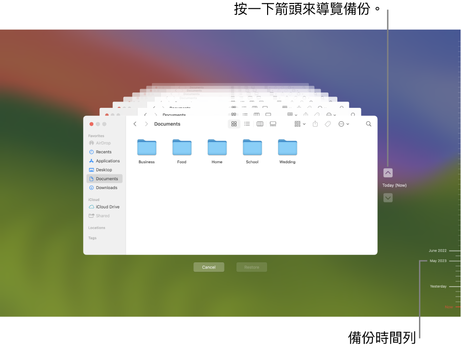 「時光機」視窗顯示多個堆疊以呈現備份的 Finder 畫面，包含瀏覽的箭頭。右側的箭頭和備份時間列有助你瀏覽備份，以便你選擇要回復的檔案。