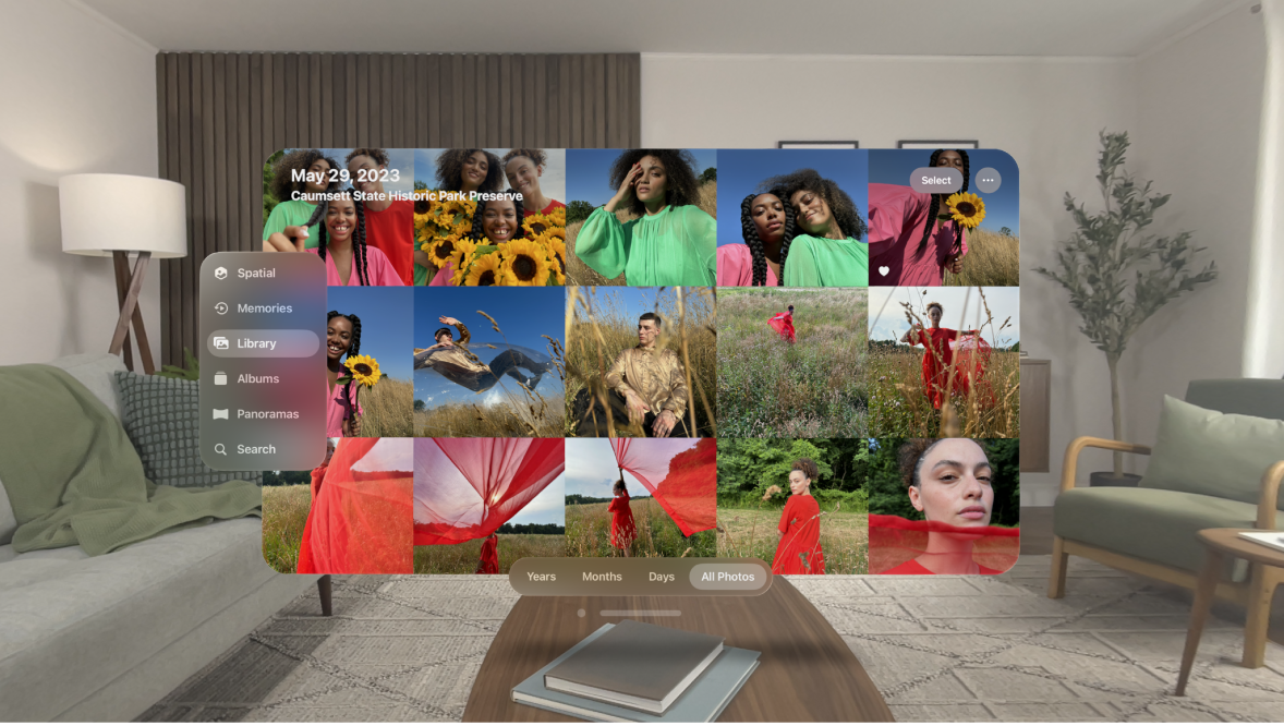 The Photos library on Apple Vision Pro, showing a grid of photos.
