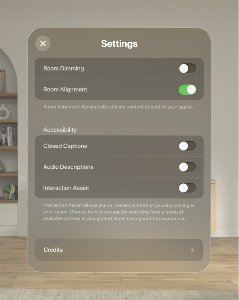 The settings for Encounter Dinosaurs, with options to adjust Room Dimming and Alignment, as well as turn on Closed Captions, Audio Descriptions, and Interaction Assist.