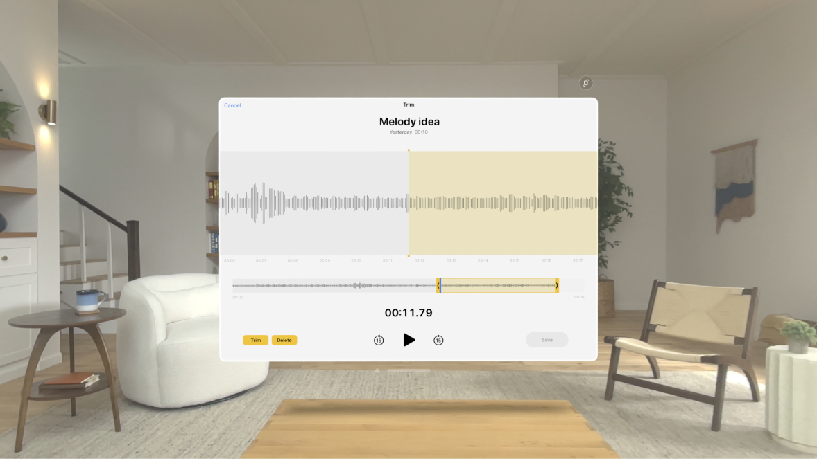 The Voice Memos app on Apple Vision Pro, showing the end of a recording being trimmed.