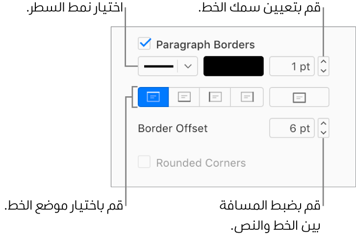 خانة اختيار "حدود الفقرة" محددة في علامة تبويب "التخطيط" في الشريط الجانبي "التنسيق"، وتظهر عناصر التحكم لتغيير نمط السطر ولونه وسُمكه وموضعه، كما يظهر خيار الإزاحة من النص أسفل خانة الاختيار.