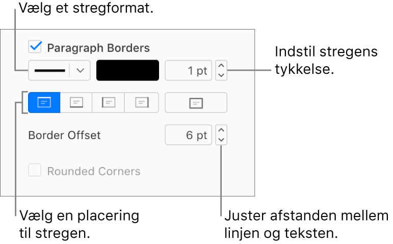 Afkrydsningsfeltet Afsnitsrammer er valgt på fanen Layout i indholdsoversigten Format, og betjeningsmulighederne til ændring af stregformat, farve, tykkelse, position og forskydning i forhold til teksten vises under afkrydsningsfeltet.