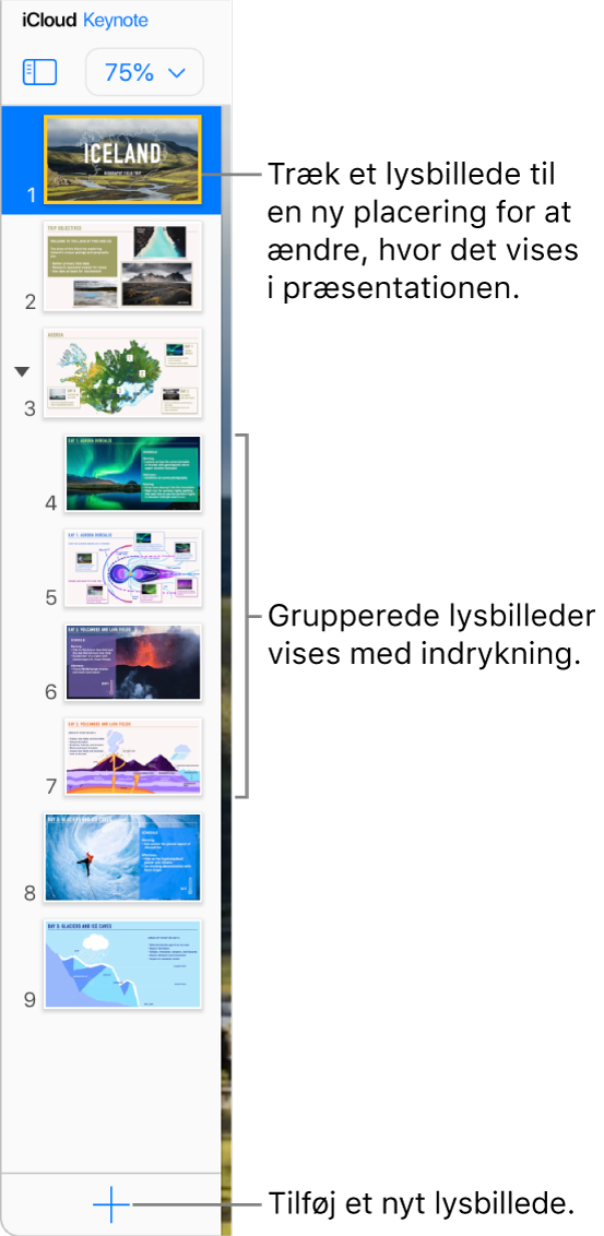 Lysbillednavigatoren for Keynote til iCloud er åben i indholdsoversigten til venstre og viser fem lysbilleder i præsentationen. Der findes en knap til tilføjelse af et nyt lysbillede nederst i indholdsoversigten.