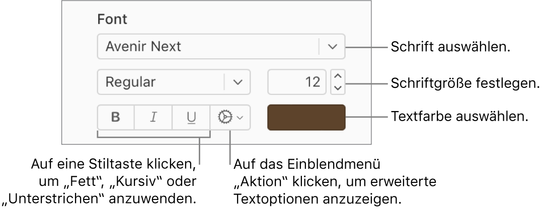 Die Steuerelemente für Farbe und Textstil in der Seitenleiste „Format“.