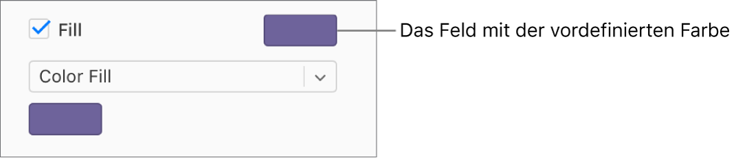 Das Markierungsfeld „Füllen“ in der Seitenleiste ist aktiviert und das Feld mit der vordefinierten Farbe rechts neben dem Markierungsfeld ist mit Lila gefüllt. Unter dem Markierungsfeld ist „Farbe“ im Einblendmenü ausgewählt.