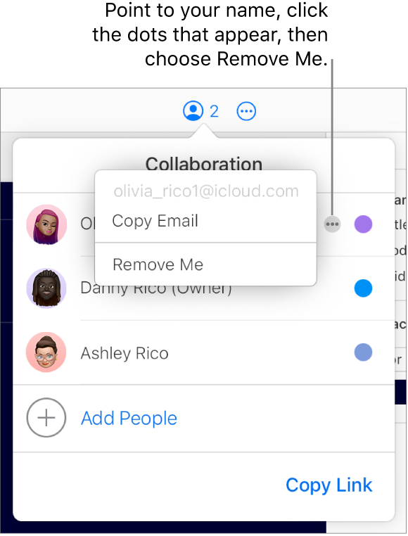 The Collaboration menu open, with the More button to the right of the first participant clicked, and a Remove Me option available.