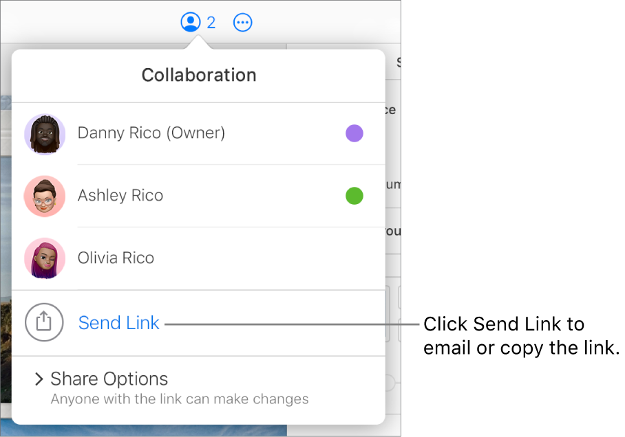 The Collaboration menu open, with a Send Link option below the participant list.