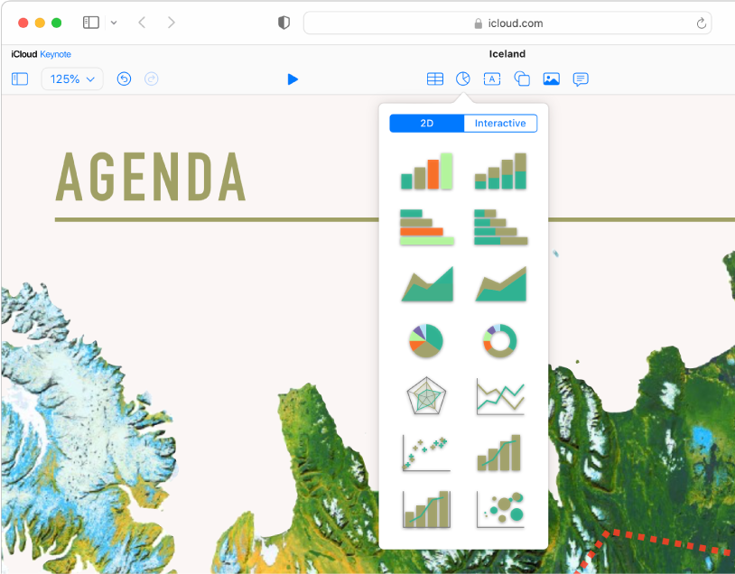 The Tables, Charts, Text, Shapes and Image object buttons appear in the toolbar. The Charts pop-up menu is open, with 2D and Interactive buttons at the top. The 2D button is selected, and a variety of 2D charts thumbnails are shown to choose from.