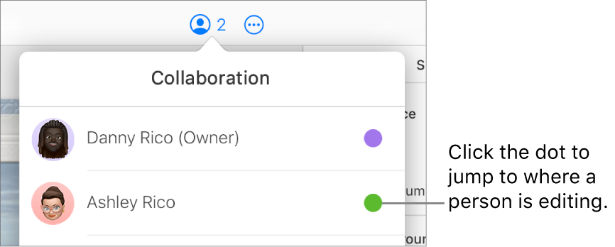 The Collaboration menu open, with two participants and a different color dot to the right of each name.