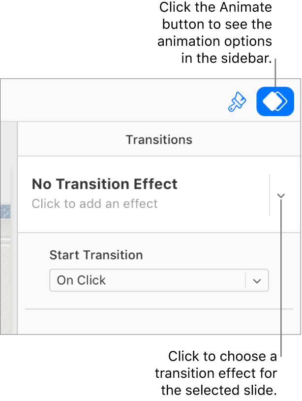 The Animate button is selected in the toolbar, and “No Build In Effect” is showing in the Transitions pop-up menu in the sidebar.