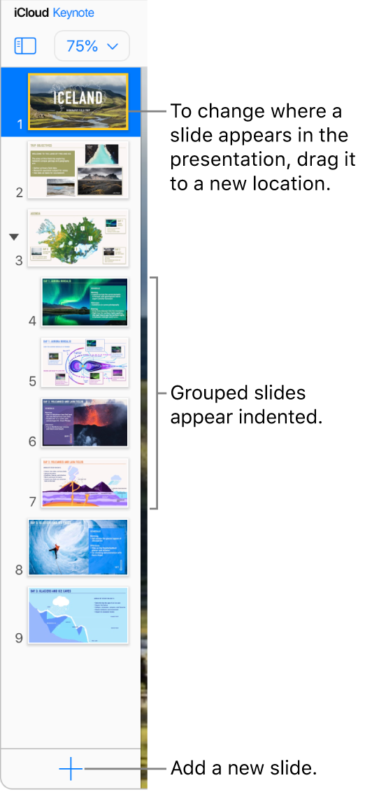 The Keynote for iCloud slide navigator is open in the left sidebar, showing five slides in the presentation. A button to add a new slide is at the bottom of the sidebar.